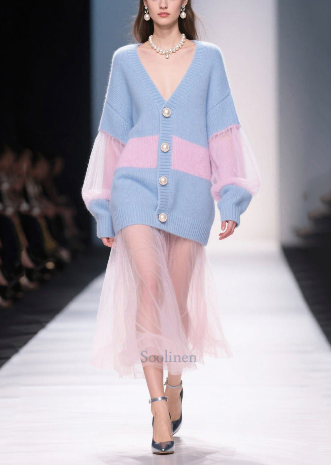 Stylish Blue Patchwork Tulle Fine Pearl Knit Cardigan Fall