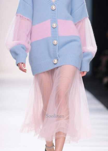 Stylish Blue Patchwork Tulle Fine Pearl Knit Cardigan Fall