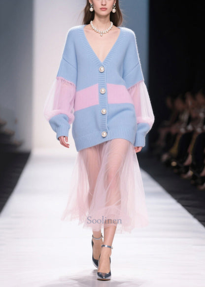 Stylish Blue Patchwork Tulle Fine Pearl Knit Cardigan Fall