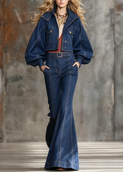 Stylish Blue Peter Pan Collar Denim Two-Piece Set Lantern Sleeve