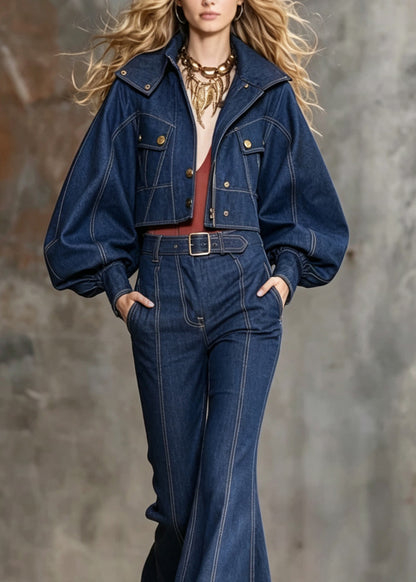 Stylish Blue Peter Pan Collar Denim Two-Piece Set Lantern Sleeve