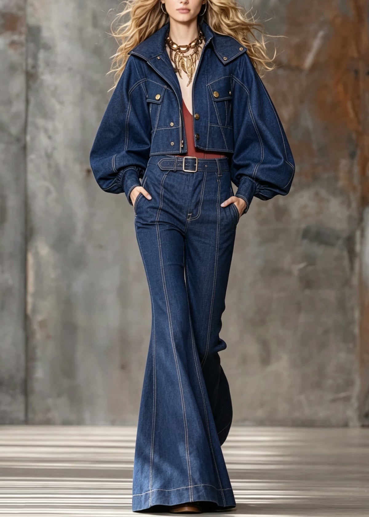 Stylish Blue Peter Pan Collar Denim Two-Piece Set Lantern Sleeve
