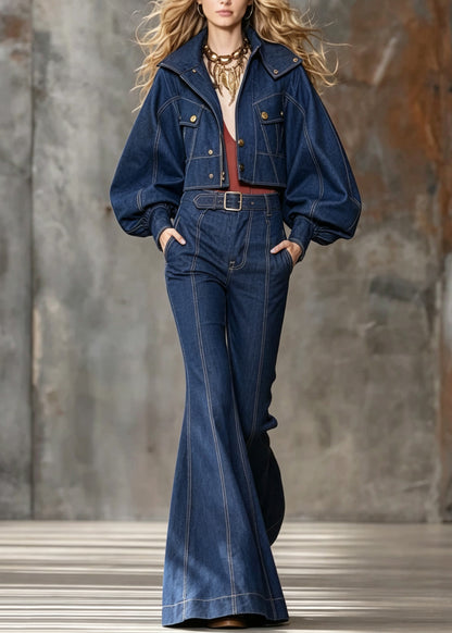 Stylish Blue Peter Pan Collar Denim Two-Piece Set Lantern Sleeve