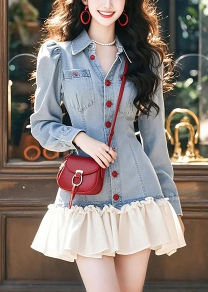 Stylish Blue Peter Pan Collar Ruffled Patchwork Denim Mini Dresses Fall