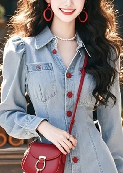 Stylish Blue Peter Pan Collar Ruffled Patchwork Denim Mini Dresses Fall