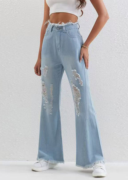 Stylish Blue Pockets Patchwork Flared Ripped Jeans Fall