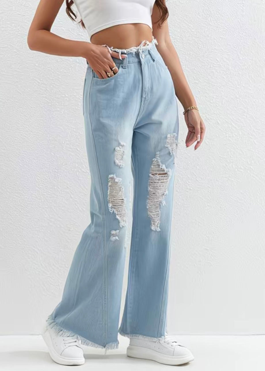 Stylish Blue Pockets Patchwork Flared Ripped Jeans Fall