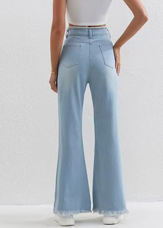 Stylish Blue Pockets Patchwork Flared Ripped Jeans Fall