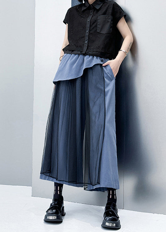 Stylish Blue Pockets Tulle Patchwork Cotton Pants Summer