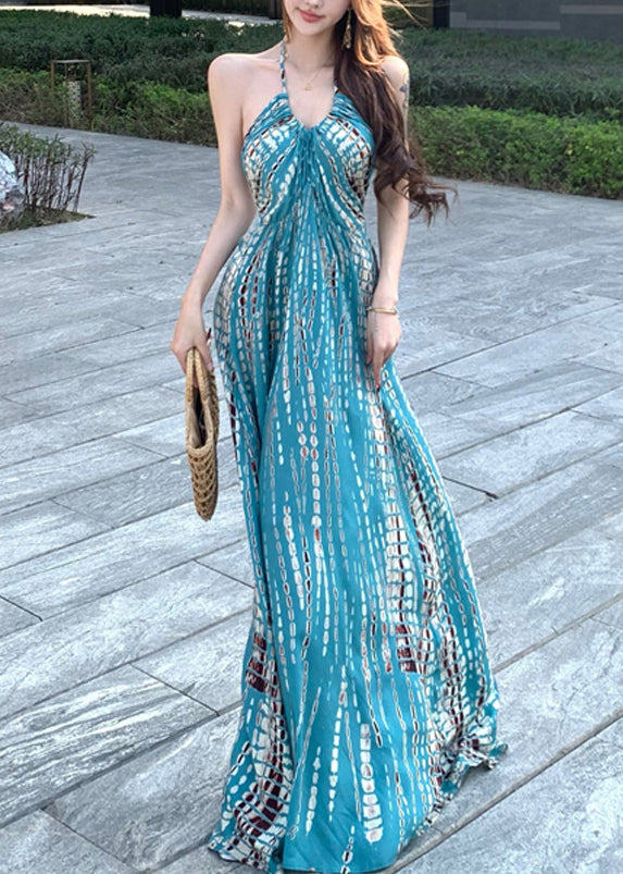 Stylish Blue Print Backless Cotton Vacation Dress Sleeveless