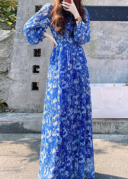 Stylish Blue Print High Waist Side Open Long Dresses Spring