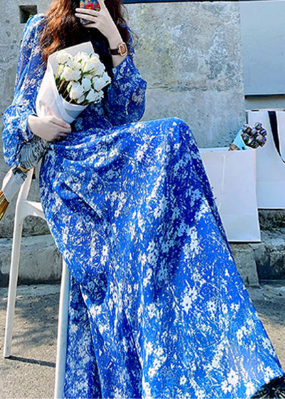 Stylish Blue Print High Waist Side Open Long Dresses Spring