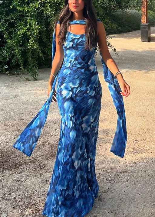 Stylish Blue Print Lace Up Tulle Spaghetti Strap Dress Sleeveless