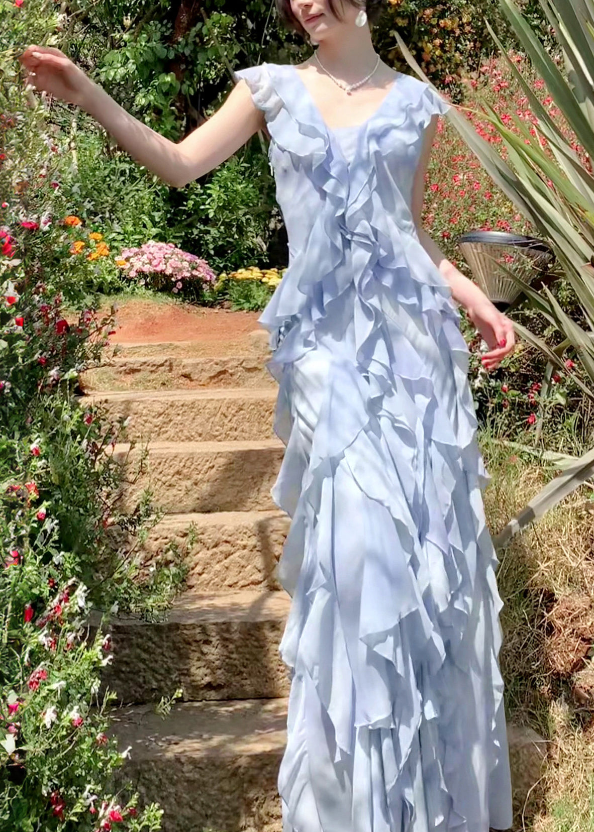 Stylish Blue Ruffled Tie Dye Chiffon Dress Summer