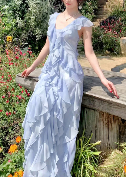 Stylish Blue Ruffled Tie Dye Chiffon Dress Summer