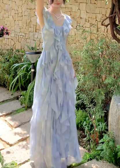 Stylish Blue Ruffled Tie Dye Chiffon Dress Summer