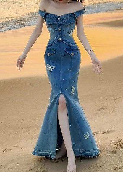 Stylish Blue Slash Neck Butterfly Front Open Denim Fish Tail Dress Sleeveless