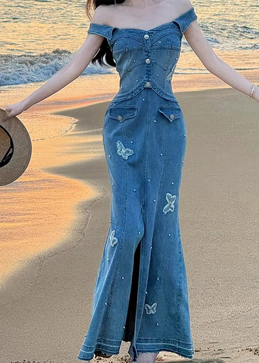 Stylish Blue Slash Neck Butterfly Front Open Denim Fish Tail Dress Sleeveless