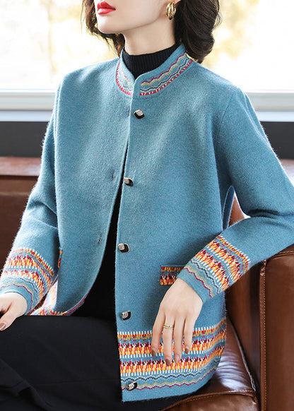 Stylish Blue Stand Collar Print Cotton Knit Cardigans Fall