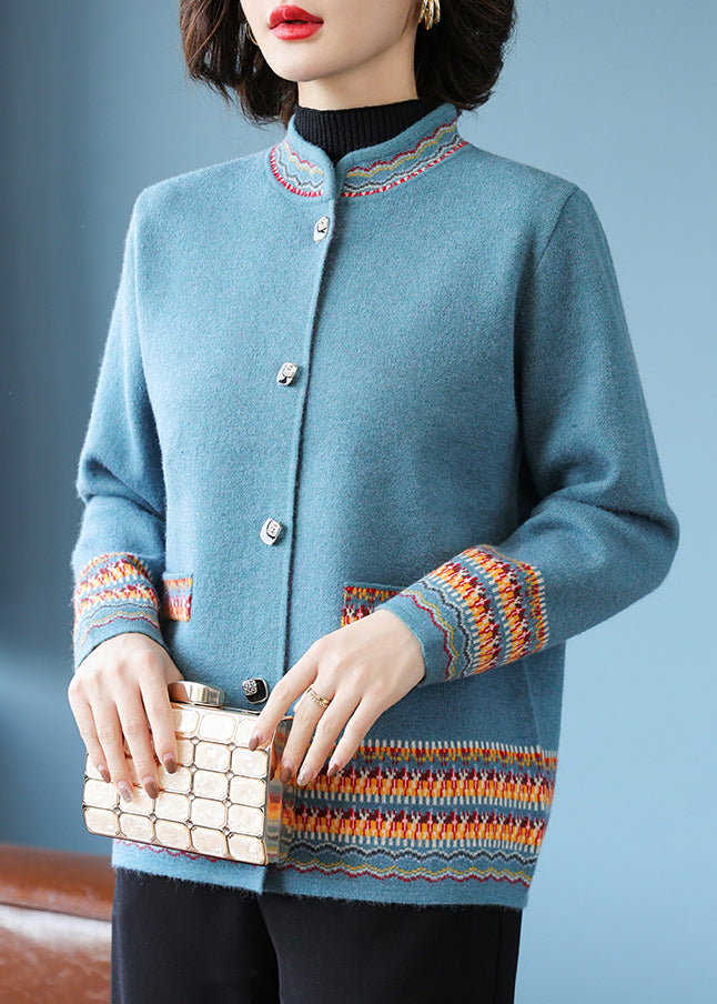 Stylish Blue Stand Collar Print Cotton Knit Cardigans Fall