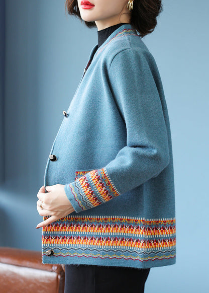 Stylish Blue Stand Collar Print Cotton Knit Cardigans Fall