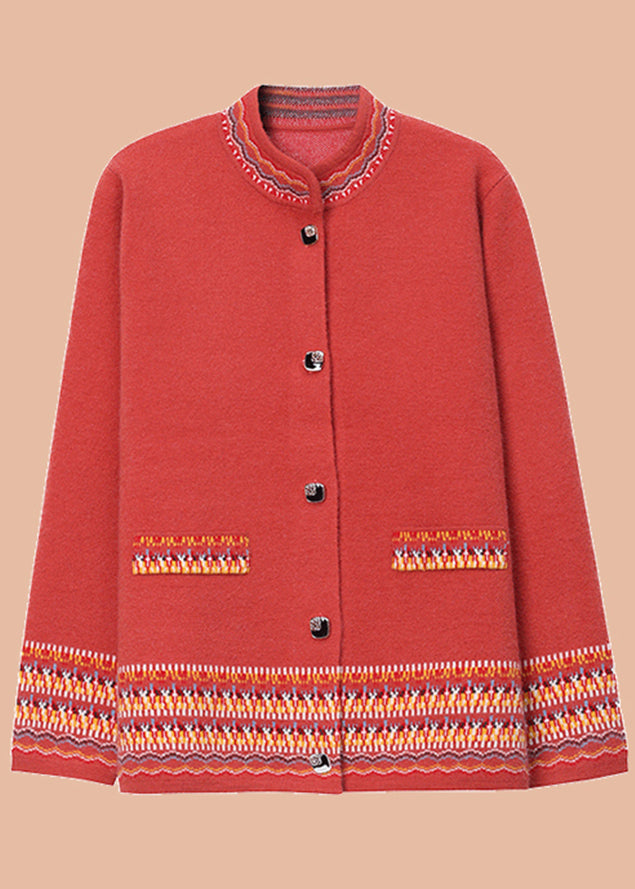 Stylish Blue Stand Collar Print Cotton Knit Cardigans Fall