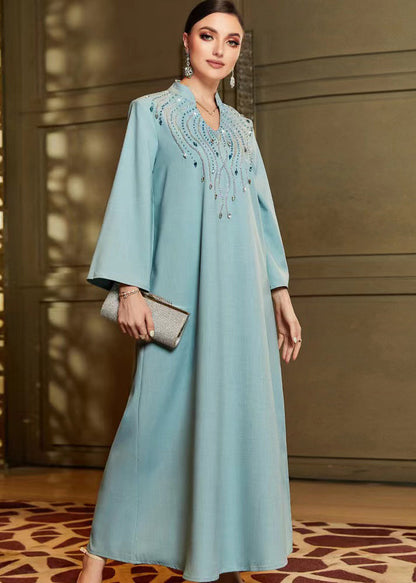 Stylish Blue Stand Zircon Collar Chiffon Long Dress Fall