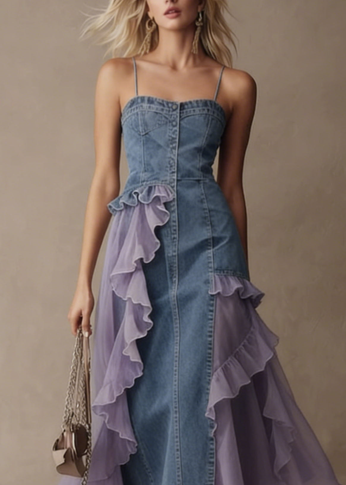 Stylish Blue Tulle Ruffled Patchwork Denim Spaghetti Strap Dress Summer
