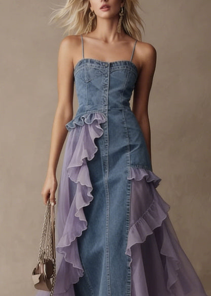 Stylish Blue Tulle Ruffled Patchwork Denim Spaghetti Strap Dress Summer