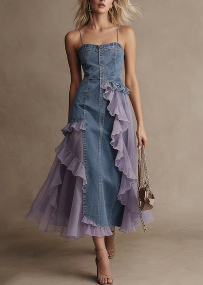 Stylish Blue Tulle Ruffled Patchwork Denim Spaghetti Strap Dress Summer