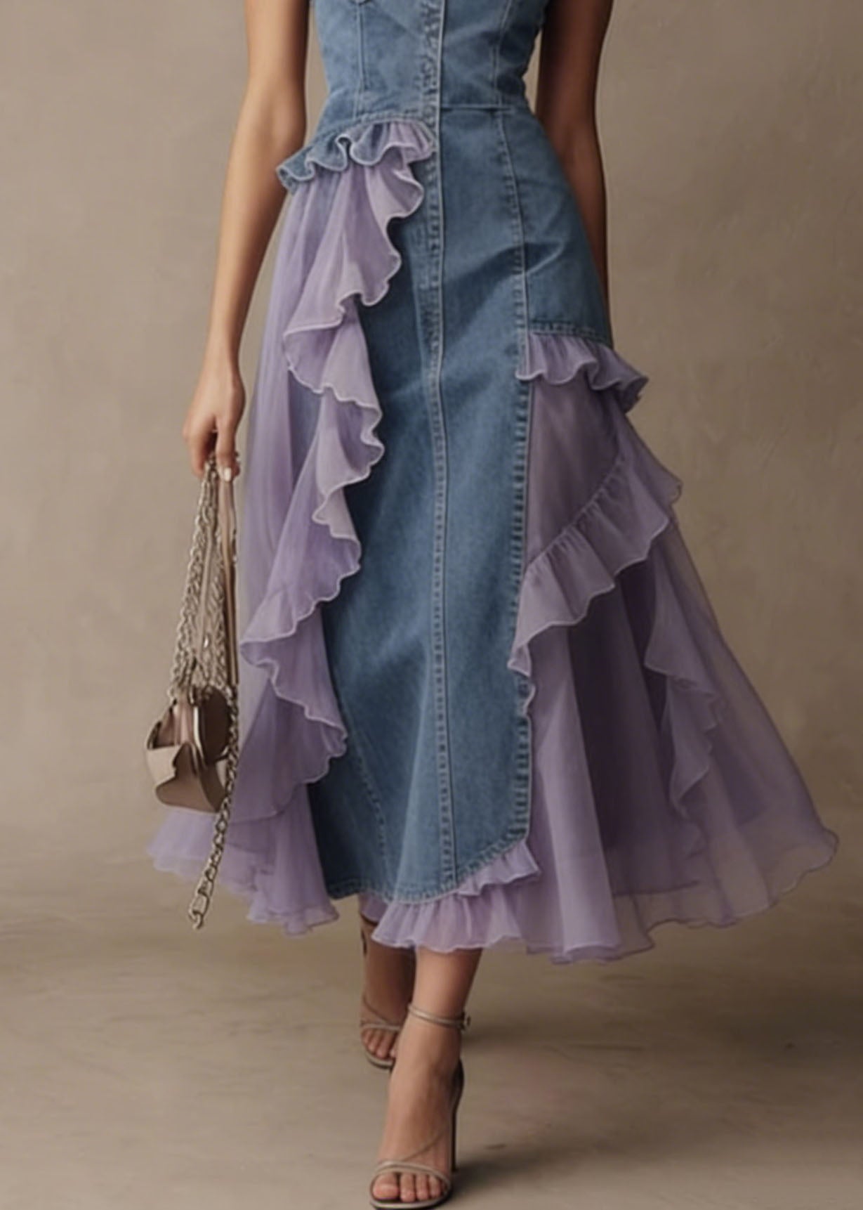 Stylish Blue Tulle Ruffled Patchwork Denim Spaghetti Strap Dress Summer