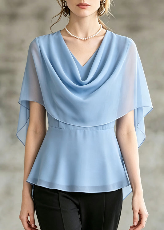 Stylish Blue Turtle Neck Chiffon Shirts Cloak Sleeves