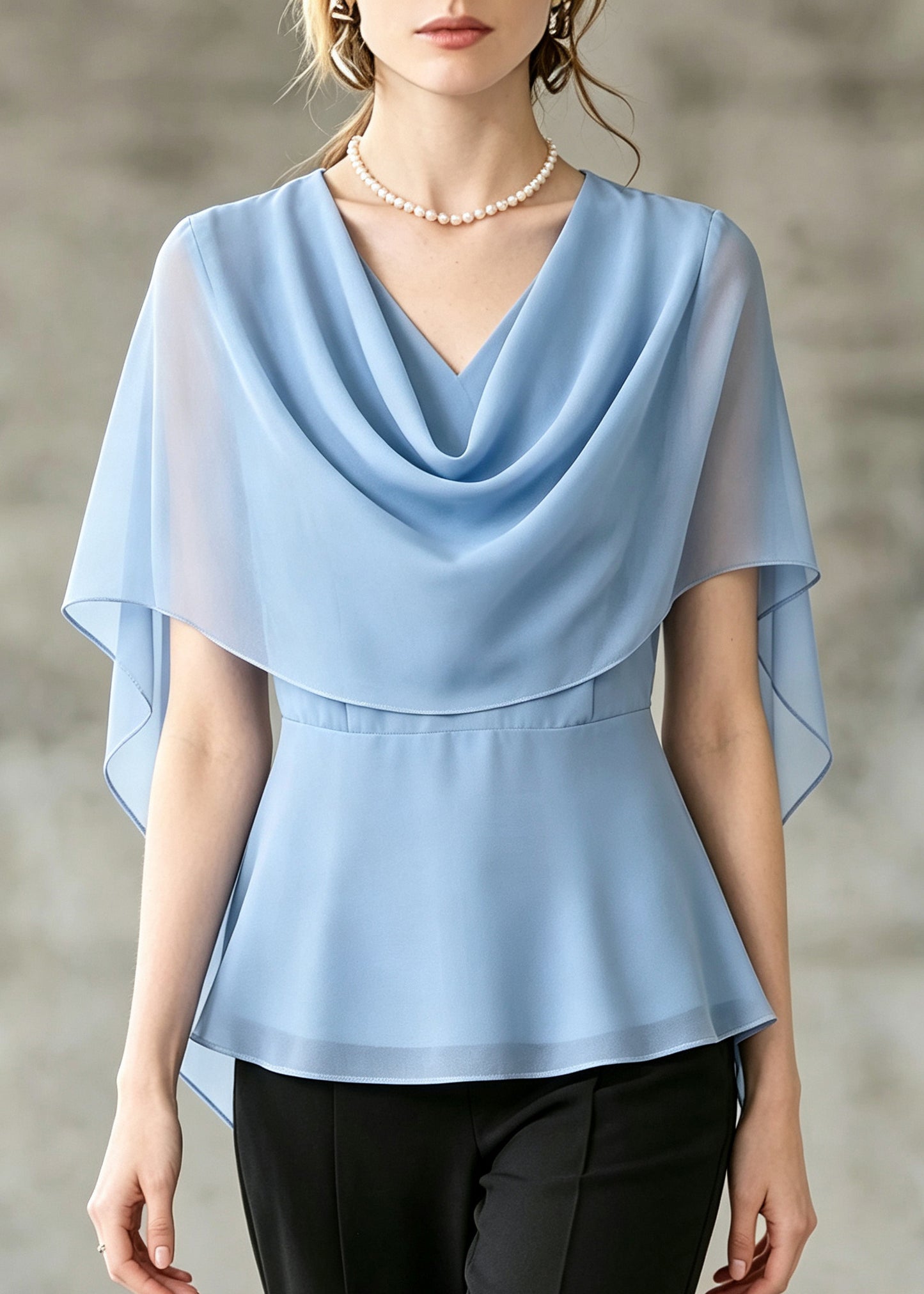 Stylish Blue Turtle Neck Chiffon Shirts Cloak Sleeves