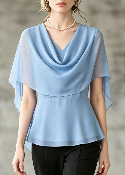 Stylish Blue Turtle Neck Chiffon Shirts Cloak Sleeves