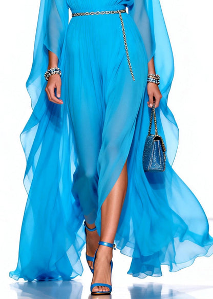Stylish Blue V Neck Draping Chiffon Maxi Dresses Summer