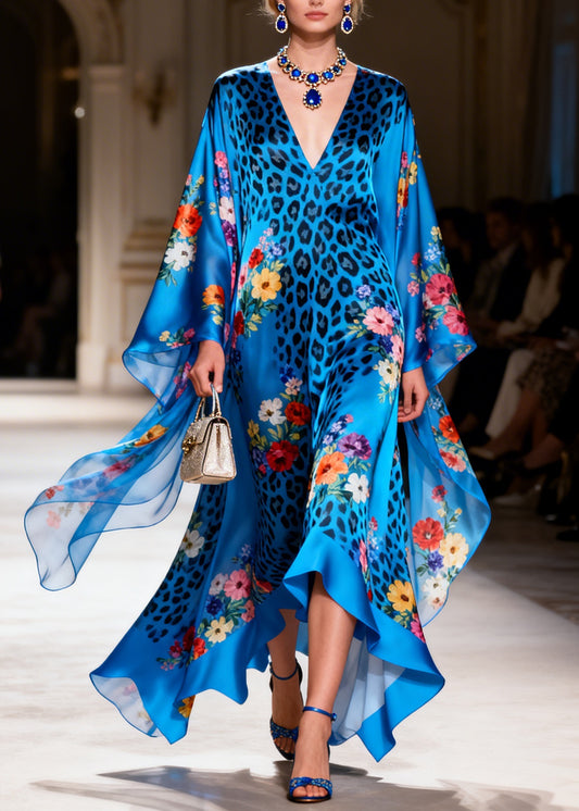 Stylish Blue V Neck Leopard Floral Print Silk Long Dress Summer