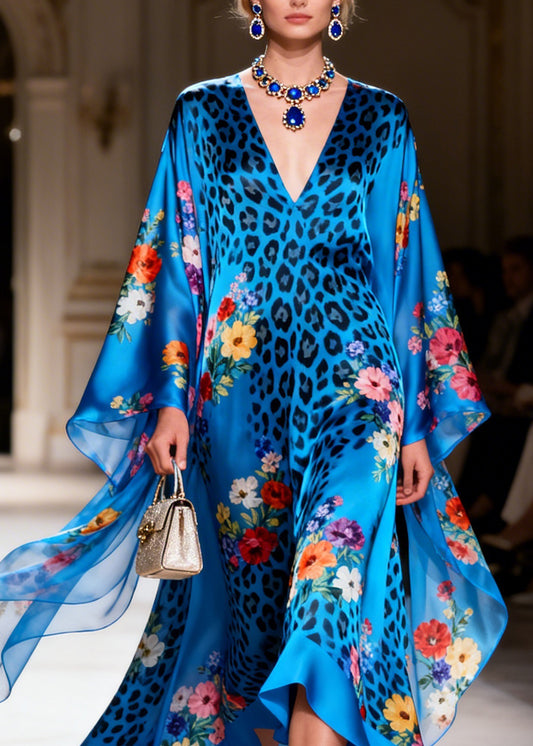 Stylish Blue V Neck Leopard Floral Print Silk Long Dress Summer