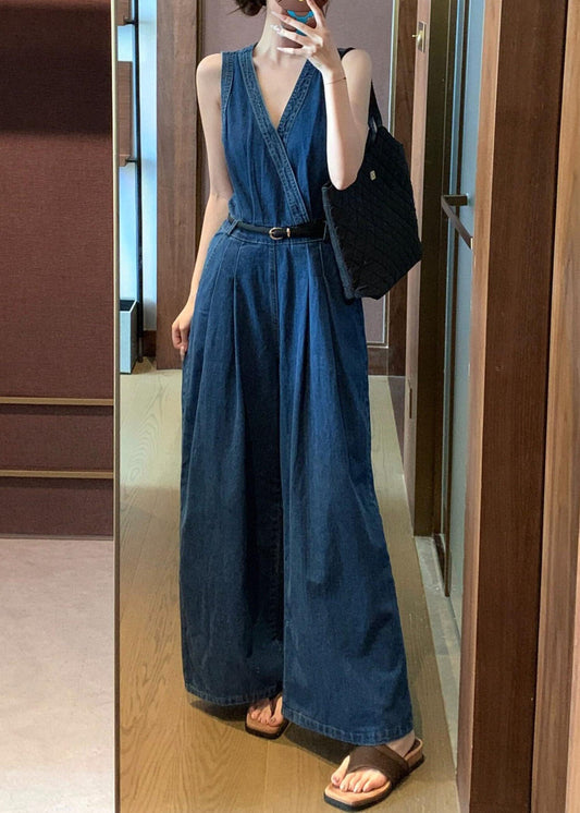 Stylish Blue V Neck Patchwork Denim Jumpsuits Sleeveless