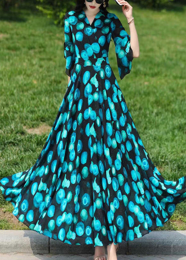 Stylish Blue V Neck Print Chiffon Dresses Flare Sleeve