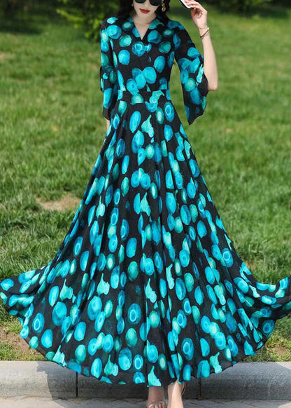 Stylish Blue V Neck Print Chiffon Dresses Flare Sleeve