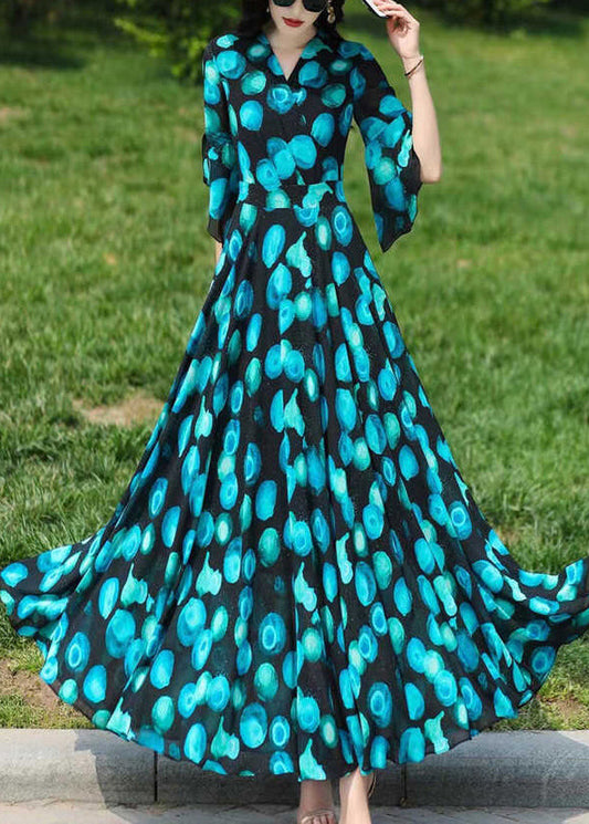 Stylish Blue V Neck Print Chiffon Dresses Flare Sleeve