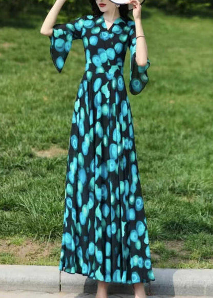 Stylish Blue V Neck Print Chiffon Dresses Flare Sleeve