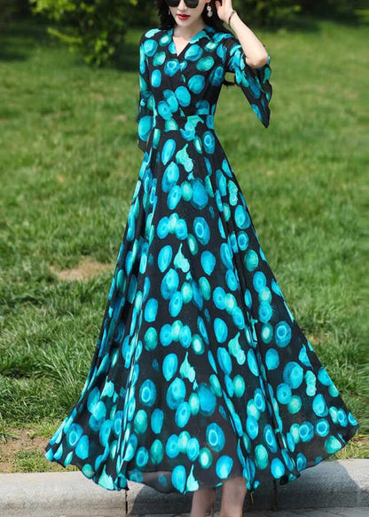 Stylish Blue V Neck Print Chiffon Dresses Flare Sleeve