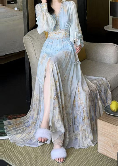 Stylish Blue V Neck Print High Waist Chiffon Maxi Dresses Spring