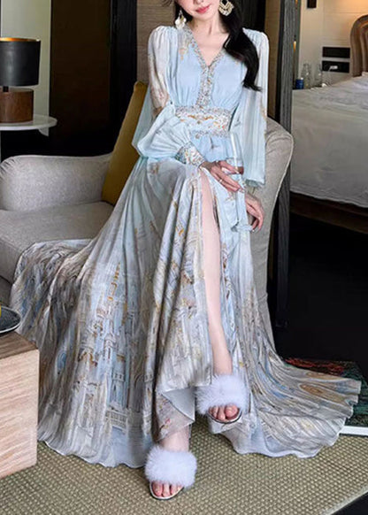 Stylish Blue V Neck Print High Waist Chiffon Maxi Dresses Spring