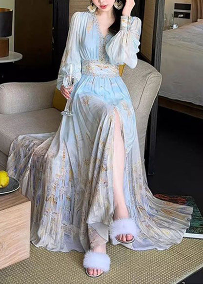Stylish Blue V Neck Print High Waist Chiffon Maxi Dresses Spring