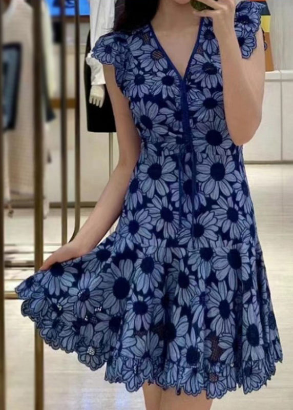 Stylish Blue V Neck Print Lace Up Cotton Mid Dress Summer