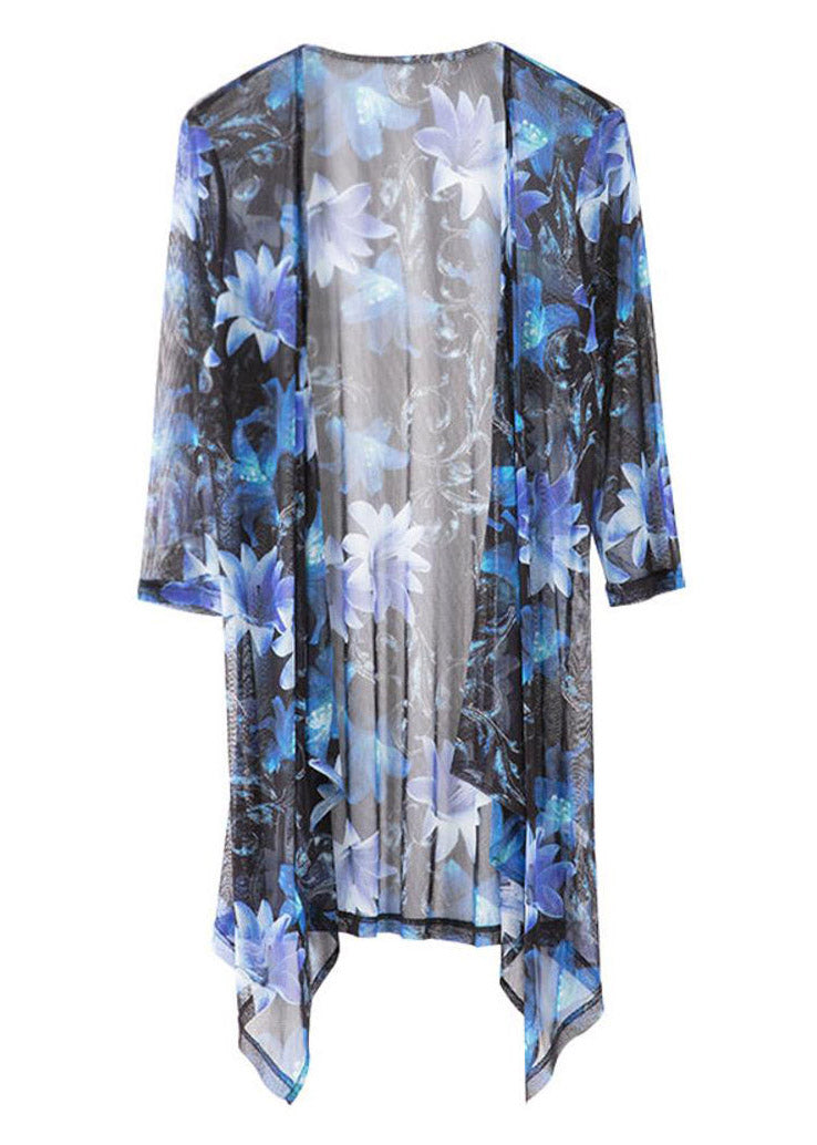 Stylish Blue V Neck Print Silk Sunscre Cardigans Loose Summer