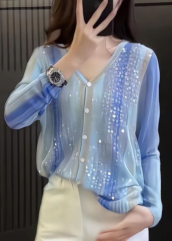Stylish Blue V Neck Sequins Button Knit Top Fall