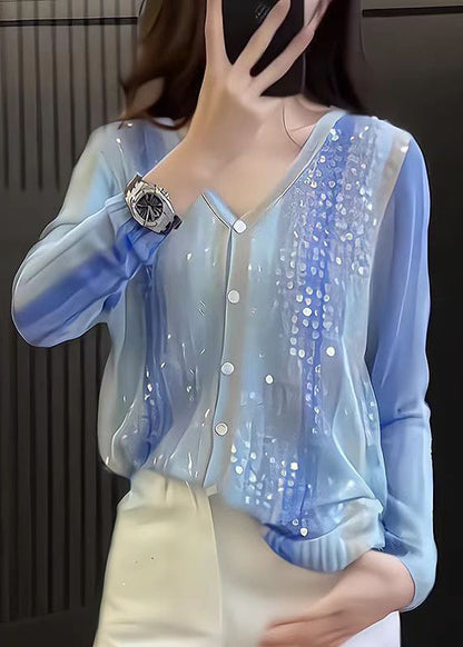 Stylish Blue V Neck Sequins Button Knit Top Fall